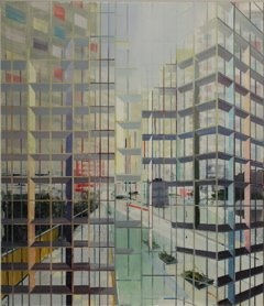 Darker multi-colored abstract urban landscape with several high rise buildings streets and trees A multi-colored grid of alternating thin and thick horizontal and vertical lines form the illusion of foreground scaffolding