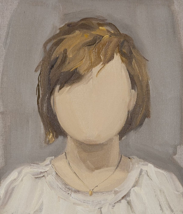 Portrait of faceless woman wearing white blouse and gold necklace. Woman’s body beneath the shoulders is cropped out of the composition.