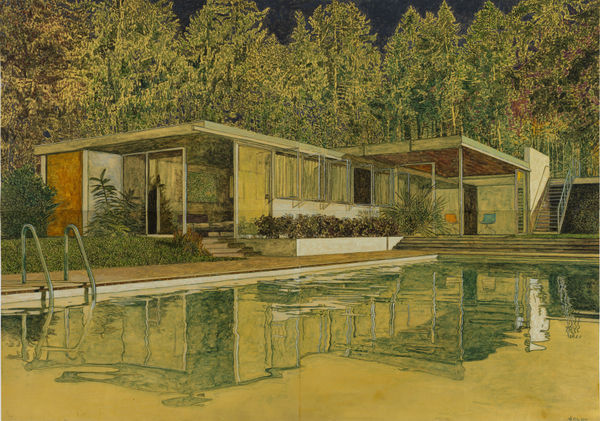 Modern single-story home reflects murkily into large pool. Trees loom in the background against the dark night sky. Scene is depicted in sepia tones.