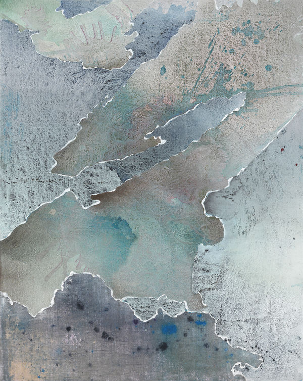 Beneath a tan and light green textured background, there is a dark turquoise splash of paint near the bottom right corner of the canvas. On top, textured blue swaths of paint outlined in white cover parts of the background and the splash, moving from lower left to upper right.