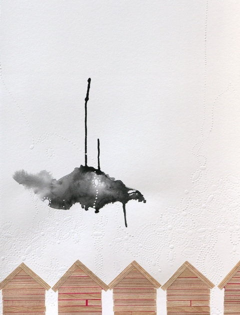 Mixed media piece of a row of light brown pentagon houses lining the bottom of the piece. A small black watercolor cloud drips bown down and upward above the houses while white gouache decorates the paper with intricate and barely visible designs