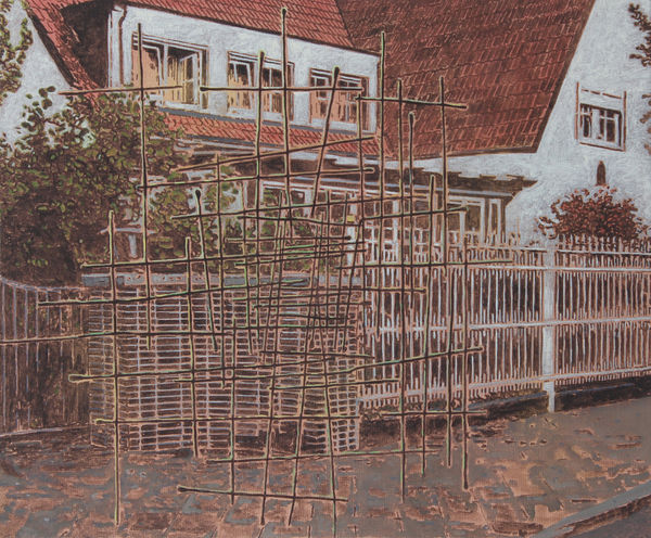 Abstract slanted lines criss-cross, partially obscuring white house with red thatched roof and large windows and its white-fenced front yard.