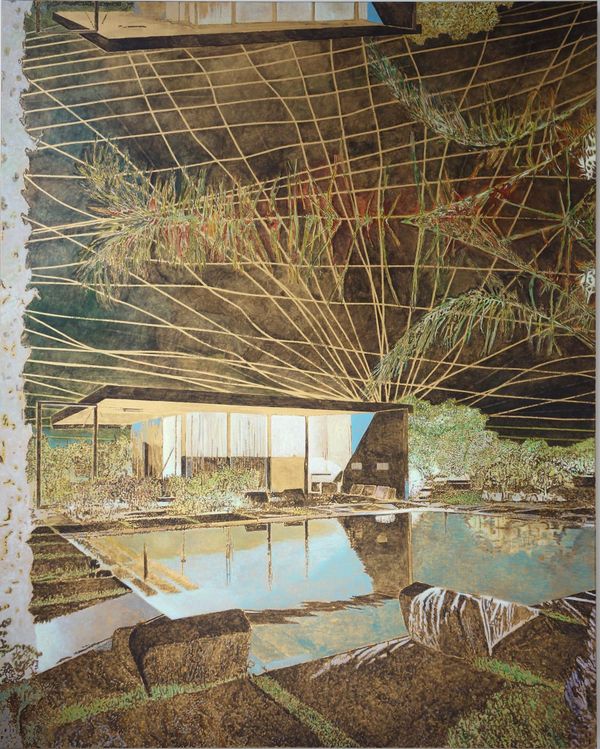 Single-story glass home is reflected into pool out front. Abstracted rays of light and branches from tropical trees extend into dark sky overhead.