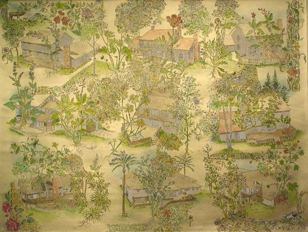 Nine houses arranged in a three-by-three grid are seen from bird’s eye view and are set against a plain gold background. Houses are dwarfed by foliage that seems to obscure and overtake the buildings.