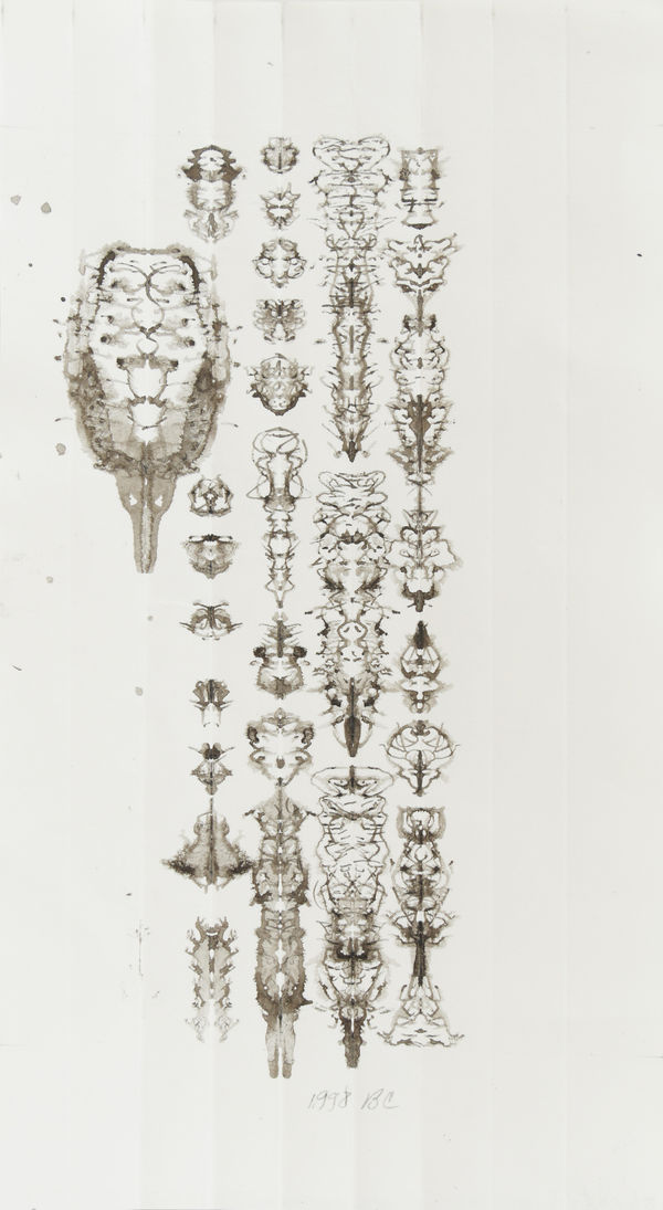 Fine and delicate ink blot drawings in vertical lines featuring extremely intricate details.