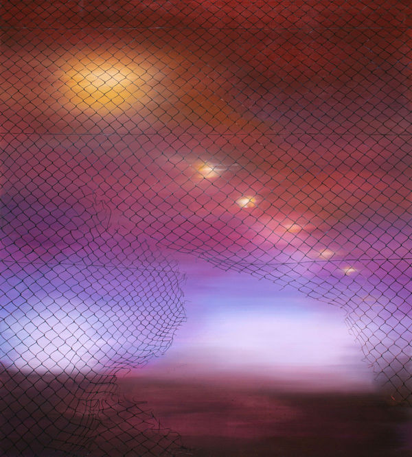 Foggy abstract sunset landscape with several glowing light sources in a diagonal which recess into depth across the sky The landscape is seen through a black diamond wire fence that has a large hole near the bottom right of the painting