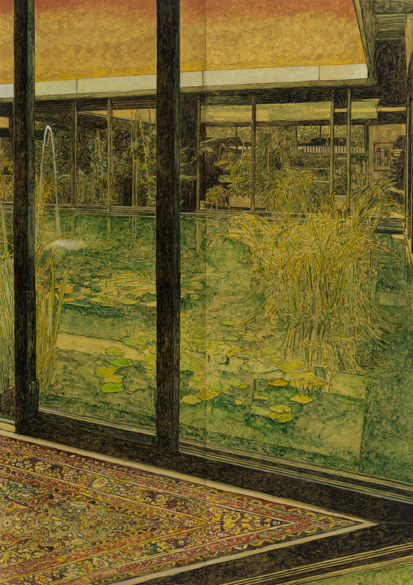 Outdoor atrium with pond and orange sky can be seen through glass doors from inside a house. Corner of Oriental carpet covers the floor.