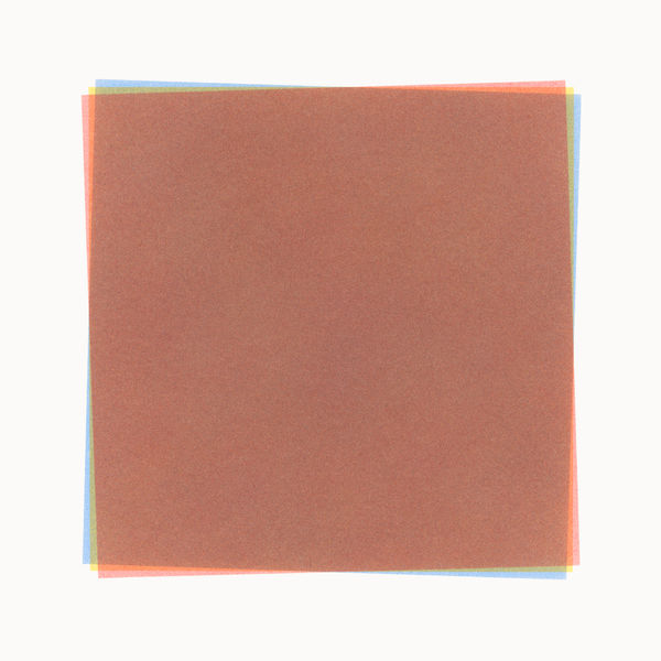 Around the perimeter of a rust colored square made of tiny dots, lines in blue and red overlap with yellow to create orange and green offset lines, set against white background.