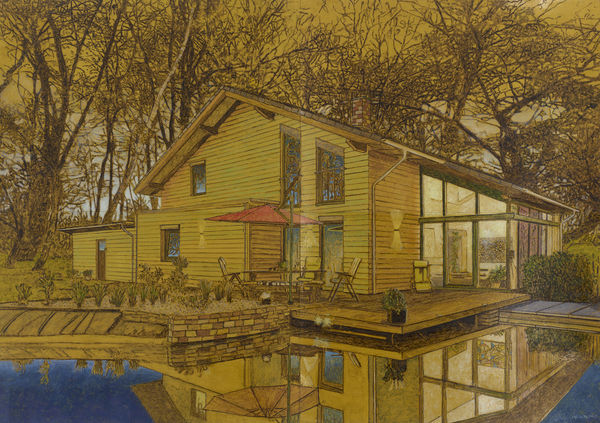 Mid Century modern house and patio in front of a cluster of barren trees. House reflects in pool. Scene is painted in sepia tones with metallic undertones.