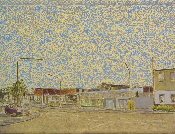 Swirled blue and yellow sky hangs over suburban scene of shops and houses. A single purple car is parked towards the right side of the canvas.
