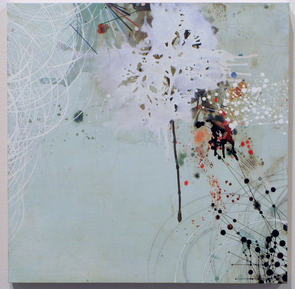 Abstract multicolored mixed media piece against a light blue background of various layered and interconnecting paint splotches and drips, geometric and organic shapes, white loops, and patterns reminiscent of scientific molecular diagrams taking up the upper portion of the piece