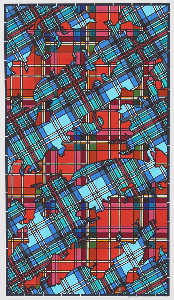 Silhouettes of three ambiguous shapes that allude to geographical land masses are filled with a predominantly red zoomed in tartan pattern These geographic silhouettes are presented against a background of similarity a patterned blue tartan