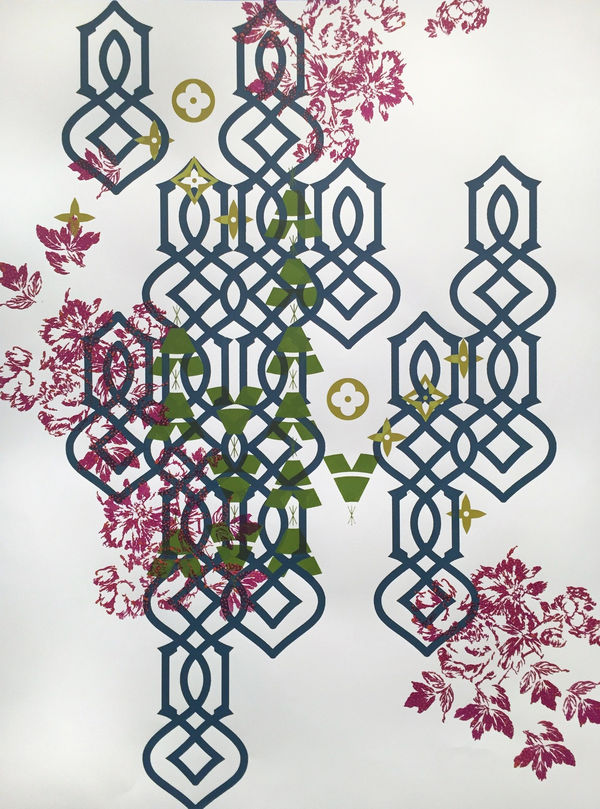Several silkscreen layers of multi-colored acrylic paint overlap to display several patterns on white paper The symbols depict indigenous stereotypes, luxury brand icons, and vegetal motifs