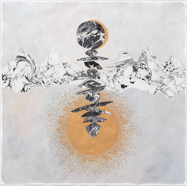 Mixed media marbled mountainous landscape. At the center of the piece a floating stack of various sized black and white marbled rocks obscure the view of the small gold moon which floats at the top of the piece and the large glowing gold sun that shining at the bottom