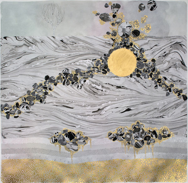 Mixed media landscape of a tall black and white marbled wall with a small bare birch tree growing on top of it towards the upper left. Towards the center right a gold metallic moon is captured in between two diagonal streams of black and white marbled stones while two marbled stone clusters near the bottom of the piece drip with a gold pointillism substance that fills the bottom of the piece
