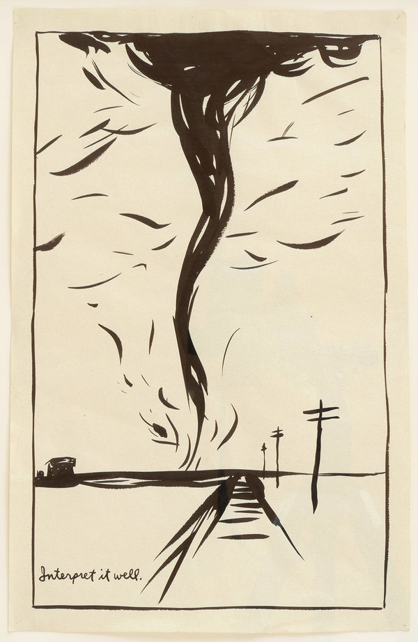 minimal landscape in black in with a suggestions of a railroad track running into the distance and a large tornado swirling in the distance