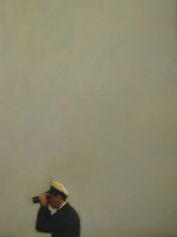 Young man in sailors hat gazes through binoculars to the left of the canvas against a plain gray background. The bottom half of his body is cropped from the composition.