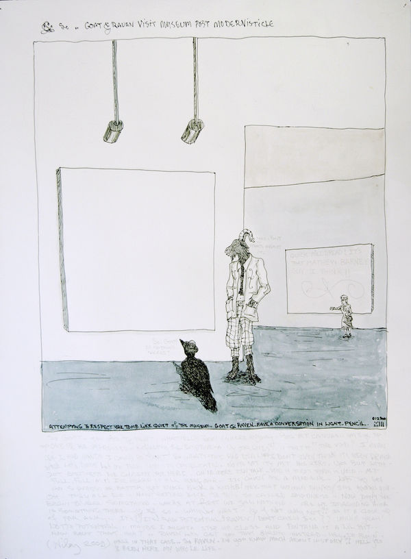 William T. Wiley Goat and Raven Visit Museum Post Modernisticle, 2009 watercolor and ink on paper 30 x 22 in 76.2 x 55.9 cm