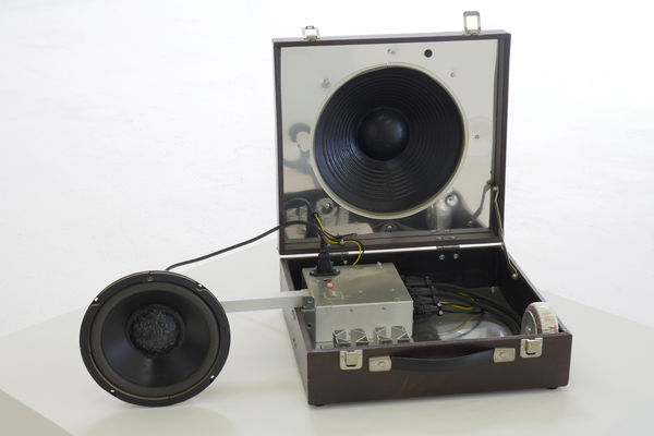 Alan Rath Transportable Device, 1994 carrying case, aluminum, custom electronics, speakers 18 x 28 x 16 in 45.7 x 71.1 x 40.6 cm