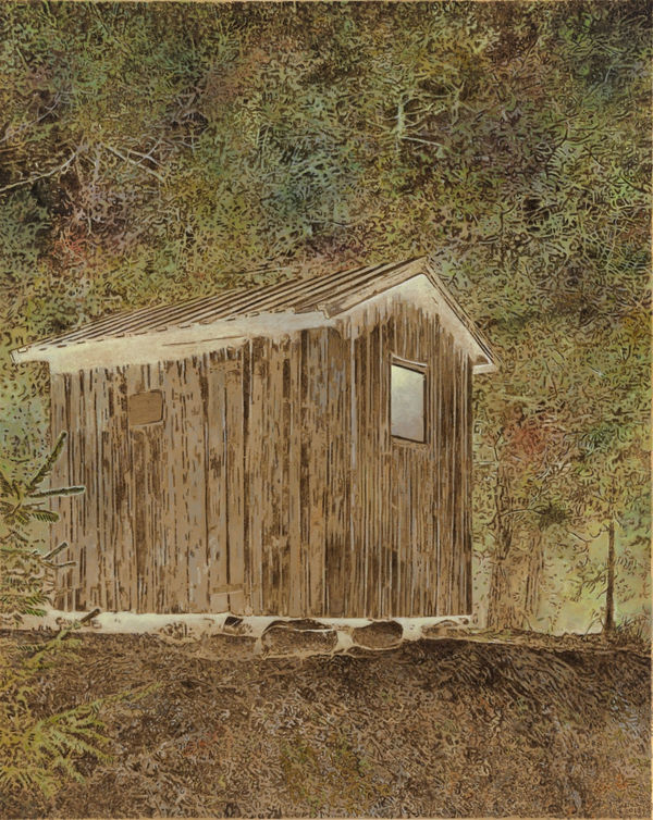 Glowing wooden shack stands in front of dense thicket of brown and green foliage.