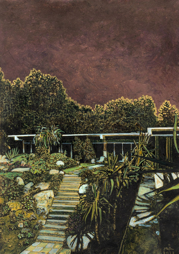 Stairway path divides landscaped desert garden and leads to patio in front of modern single-story house. Glowing trees and dark red sky loom over house from behind.