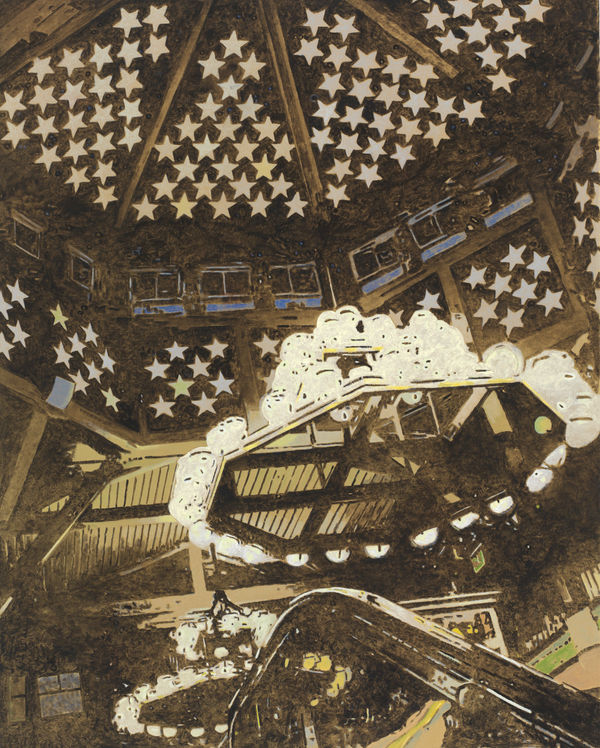 Interior of domed wooden building features white stars on the ceiling and walls. Large circular light fixtures hang down over commercial area.