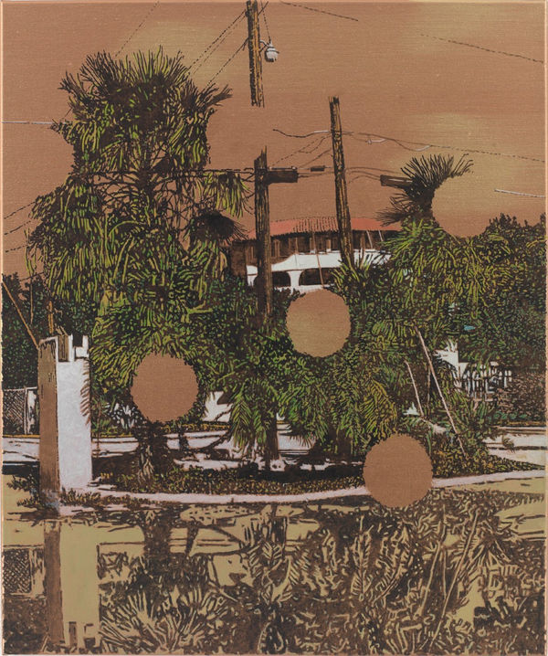 Trees, telephone pole and corner-view of building reflect into a large puddle of water in the foreground underneath a burnt orange sky. Circles of orange sky float over the street-scene, obscuring parts of it.