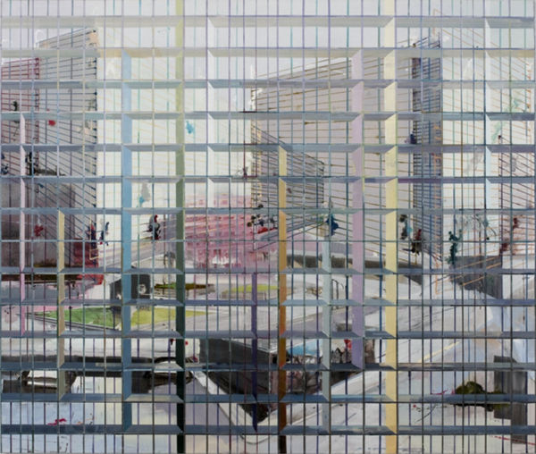 Abstract urban landscape with several high rise buildings streets and a few outdoor green spaces towards the bottom left of the painting A multi-colored grid of alternating thin and thick horizontal and vertical lines form the illusion of foreground scaffolding