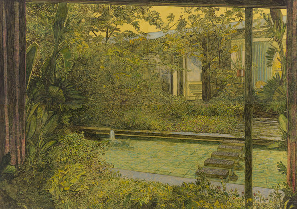 Seen through wooden framed structure, foliage surrounds scene of a shallow rectangular pool with stepping stones and a house with large glass windows. Scene is painted in sepia tones.