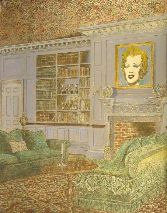 Heavily patterned living room is depicted in shades of green and gold. Two couches face each other in front of a brick fireplace, built-in bookshelves and an Andy Warhol painting of Marilyn Monroe.