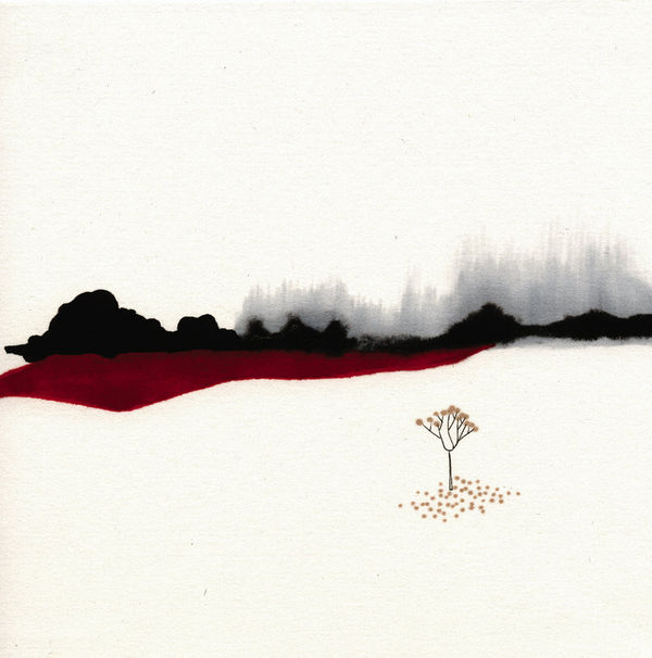 Ink and marker create a blurry black gray and maroon cloud silhouette at the center of the piece. A small thin tree sheds multiple tiny yellow leaves towards the bottom right