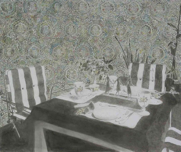 Dining table set for three with striped chairs. Background is a repeated floral pattern. Scene is depicted in muted tones, nearly black and white.