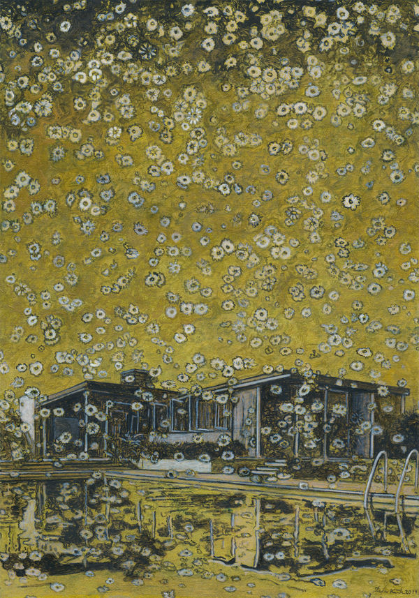 Single-story home with large pool is set in front of dark yellow sky. Small daisy flowers float in front of domestic setting and sky.