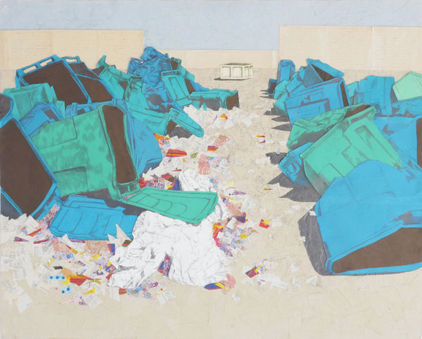 Amy Wilson Faville Trash Can Alley, 2012 file folders, receipts, envelopes, blank hospital forms, watercolor paper, graphite on wood 36 x 45 in 91.4 x 114.3 cm