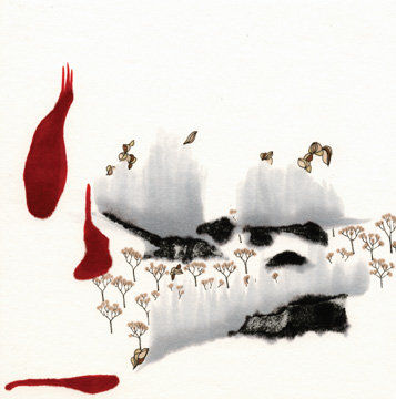 Ink and marker create a cluster of several blurry black and gray smudges towards the bottom right of the piece Scattered across the smudges are several tiny thin yellow leaved trees with multiple brown petal clouds floating above. To the left are three dark red pools and ink splotches