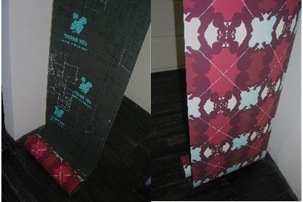 Two sided hanging scroll with several silkscreen and Inkjet layers of multi-colored patterns. The patterns depict various asian stereotypes along with elements of the artist’s Asian American upbringing in the primarily white suburb of Orange County California. The patterns on the back of the scroll are arranged in an argyle fashion