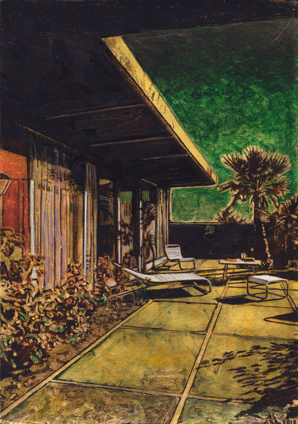 Awning of home hangs over outdoor patio with palm trees, shrubs, and lawn chairs. Warm red glow emits from inside home. Outside, sky is deep green.