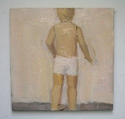 Small child wearing white underwear stands in motion with his back to the viewer.