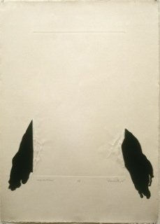 Black silkscreen print against white wrinkled paper. The black printing ink forms two large dripping blobs that take on a wing like appearance towards the bottom of the piece