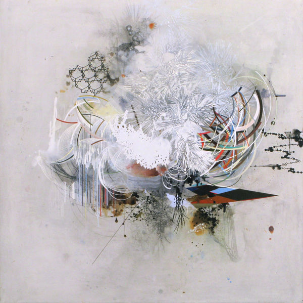 Abstract mixed media piece of a circular mass made out of layered and interconnecting multicolored geometric and organic patterns, paint splotches, loops, arches and several patterns reminiscent of scientific molecular diagrams against a light blue-gray background