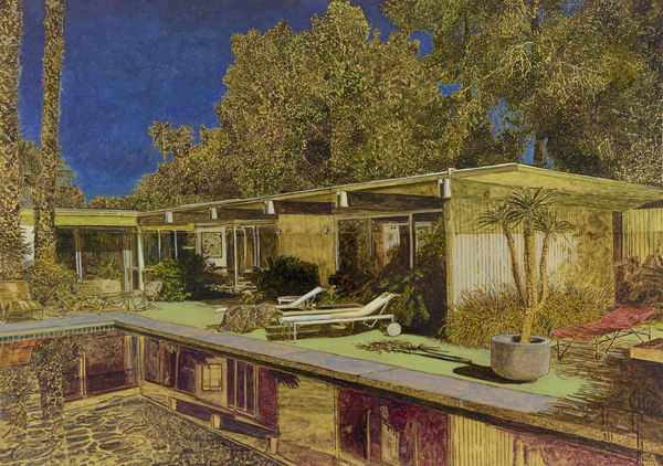 Against a dark blue sky, trees overhang a single-story house with a patio, lawn chairs and a pool that contains the building’s reflection.