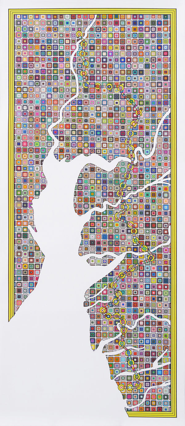 Colorful circles connected by a rainbow of lines sit on top of a background of multi-colored squares to represent the mapped route of Gandhi’s 1930 Salt March The white negative space which echos the geographic shape of the Gulf of Khambha starts in the lower left corner and then stretches across the paper