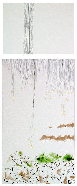 Two separate pieces of paper create an abstract landscape. Two rows of thin green and brown trees line the bottom of the collective piece and two small rows of brown mountain ranges float above them. Hanging above the earthly scene multiple thin black lines hold tiny yellow stars