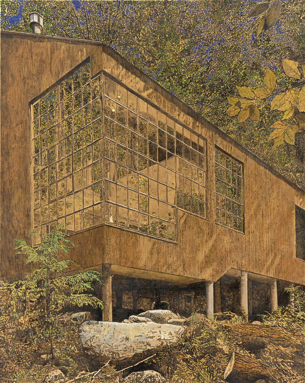 Mid Century modern wood paneled home features series of glass windows that reflect foliage and nature scene from the outside. Beneath house are fallen tree trunks, large rocks and small growing trees. Scene is painted in warm sepia tones.