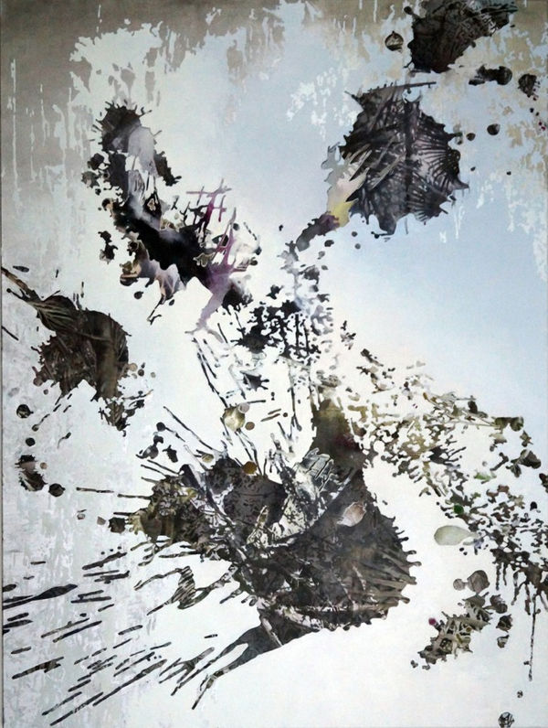 Brown paint appears to drip from the top of the canvas onto radiant light blue background. Splashes of black paint are scattered across canvas. Paint splashes are accentuated with black sharp lines.
