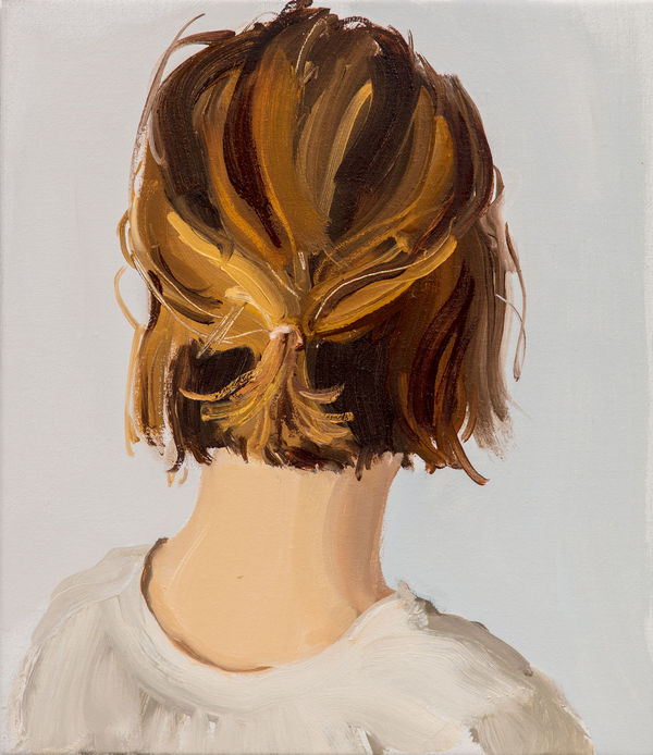 Woman with short hair wearing white t-shirt faces away from viewer in from of plain white background. Her body below the shoulders is cropped out of the composition.