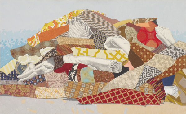 Amy Wilson Faville Carpet Mountain, 2012 upholstery samples, vintage wallpaper, fabric, blank hospital forms, watercolor paper, graphite on wood 30 x 48 in 76.2 x 121.9 cm