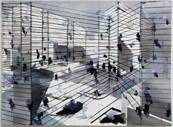 Abstract urban architectural watercolor landscape with several black thin straight lines that overlap and intersect the structures Multiple dark purple and light blue splotches cover the paper