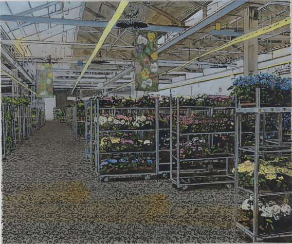 Inside large garden greenhouse, rows of colorful plants are stacked on organized rolling carts.