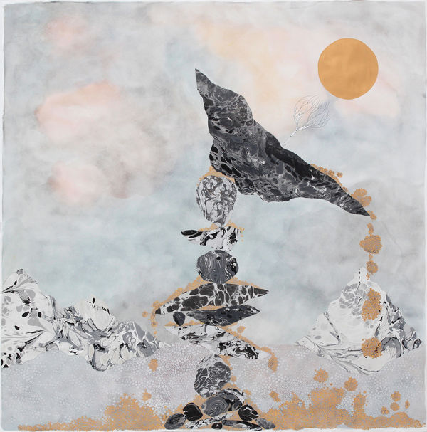 Mixed media landscape with black and white marbled mountains At the center of the piece multiple black and white marbled stones of various sizes are stacked on top of each other The largest stone at the top leans to the right spilling out its gold pointillism contents A small bare birch tree on the same stone appears to reach out towards the gold moon in the upper right corner